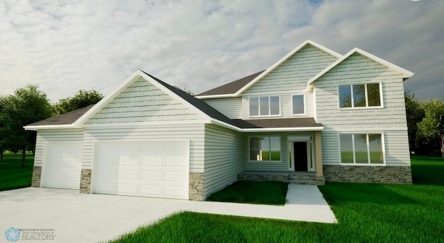 craftsman house with an attached garage, stone siding, driveway, and a front lawn