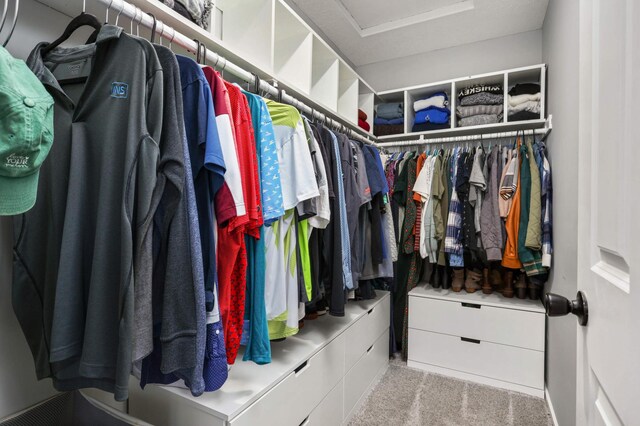 spacious closet featuring carpet floors and attic access