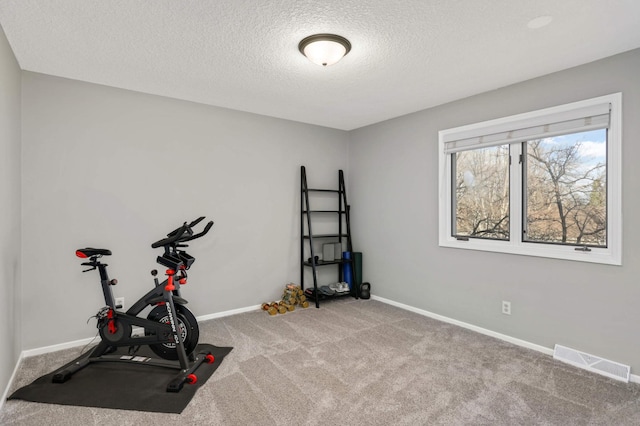 workout area with baseboards, visible vents, a textured ceiling, and carpet flooring