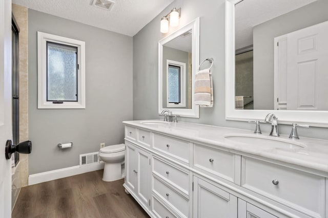 7879 Juneau Ln N, Maple Grove, MN 55311 - full bathroom with toilet, wood finished floors, baseboards, double vanity, and a textured ceiling