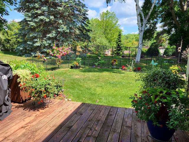 wooden deck featuring a fenced backyard and a yard