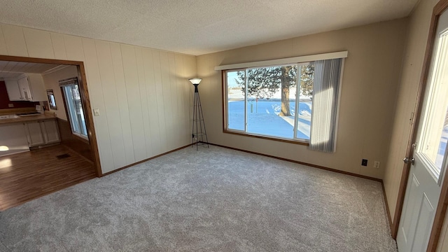 spare room featuring light carpet, baseboards, and a textured ceiling