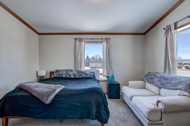 bedroom featuring light carpet, multiple windows, and crown molding