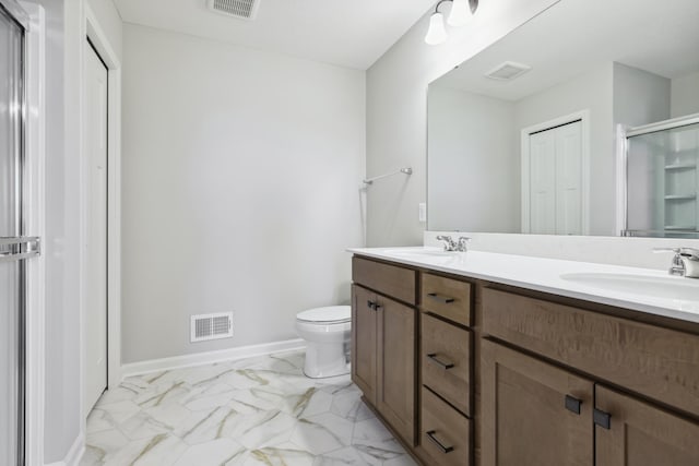 full bath with marble finish floor, visible vents, a sink, and a shower stall