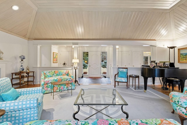 living room with lofted ceiling and wood ceiling