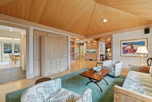 living room with light wood-type flooring, recessed lighting, wooden ceiling, wallpapered walls, and lofted ceiling