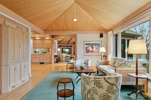 living room featuring wallpapered walls, light wood-type flooring, wood ceiling, and vaulted ceiling