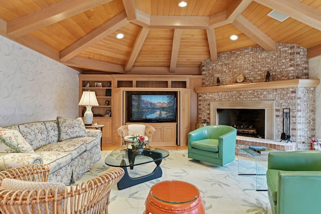 living room featuring wallpapered walls, vaulted ceiling with beams, recessed lighting, wooden ceiling, and a brick fireplace