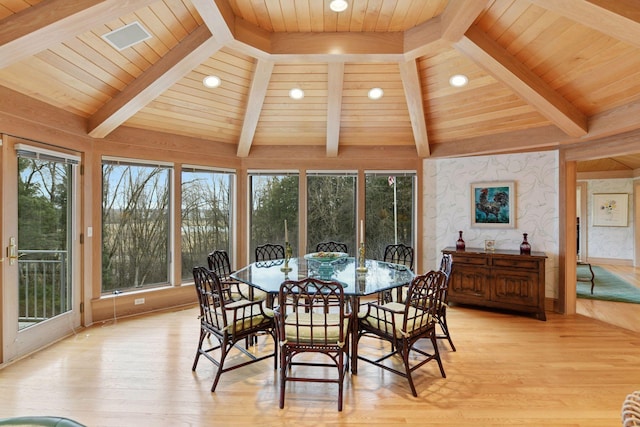 dining area with recessed lighting, wood ceiling, lofted ceiling with beams, and light wood-style floors