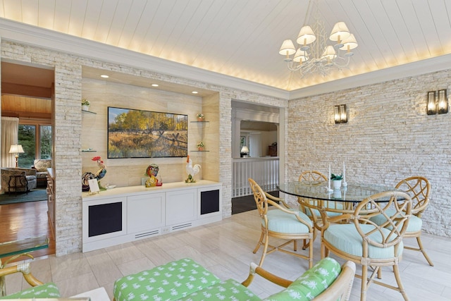 dining space featuring wooden ceiling, an inviting chandelier, and ornamental molding