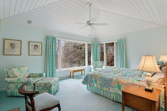 carpeted bedroom with visible vents, ceiling fan, wood ceiling, and lofted ceiling