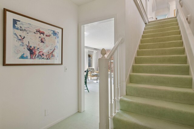 stairway with baseboards and carpet floors