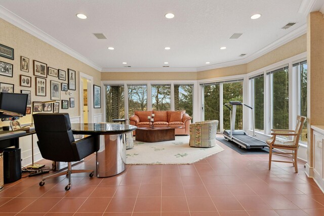 office space featuring recessed lighting, visible vents, ornamental molding, and tile patterned flooring