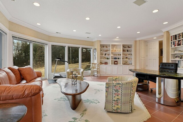 living room featuring tile patterned floors, recessed lighting, built in shelves, and crown molding