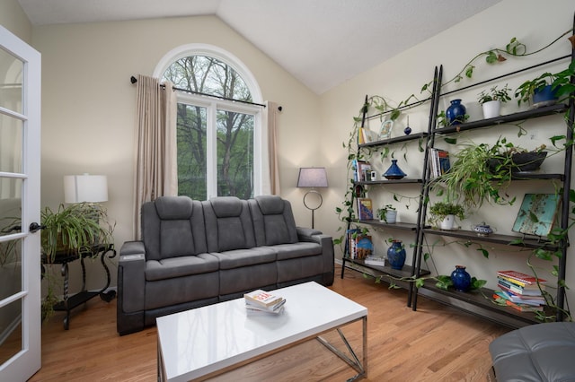 living room with light wood-style floors and vaulted ceiling