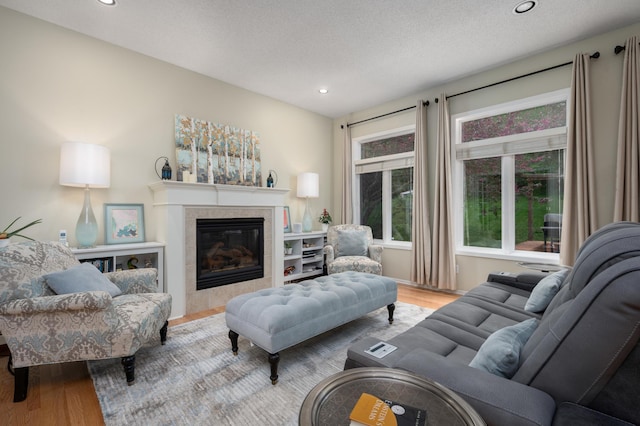 living area featuring plenty of natural light, wood finished floors, and a fireplace