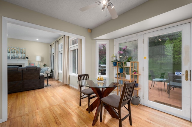 dining space with light wood-style floors, ceiling fan, a fireplace, and a textured ceiling