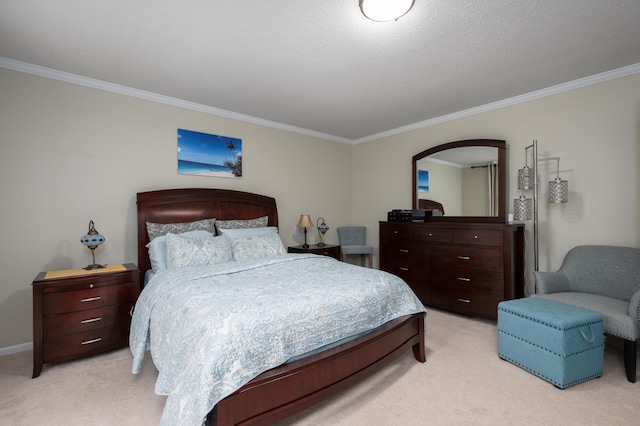 bedroom featuring light colored carpet and crown molding