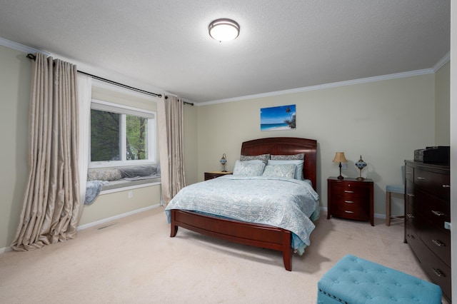 bedroom featuring crown molding, carpet, baseboards, and a textured ceiling