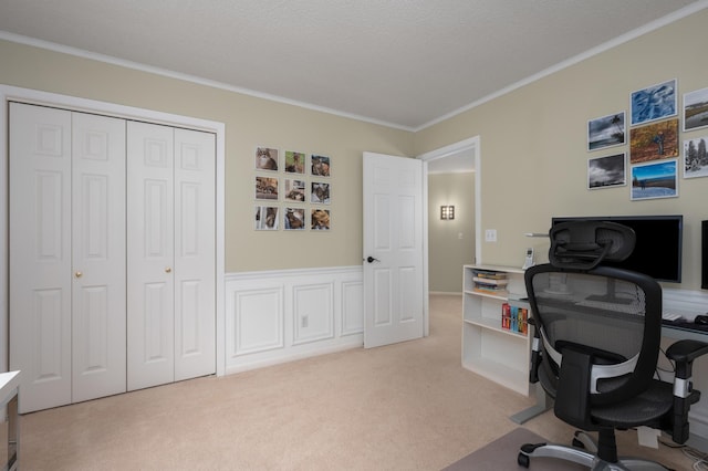 office space with crown molding, light colored carpet, wainscoting, and a textured ceiling