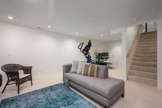 living room with recessed lighting, visible vents, carpet, and stairway