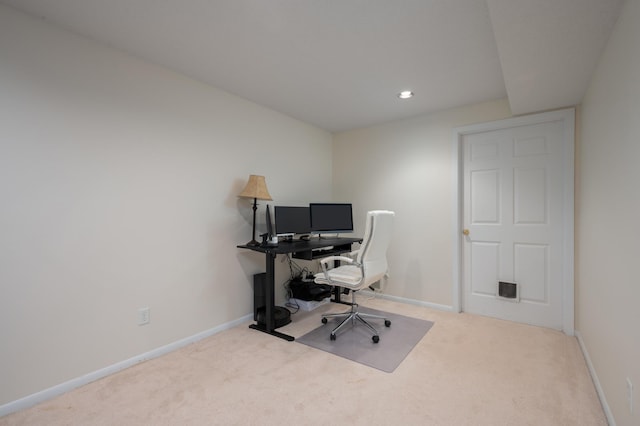 carpeted office with recessed lighting and baseboards