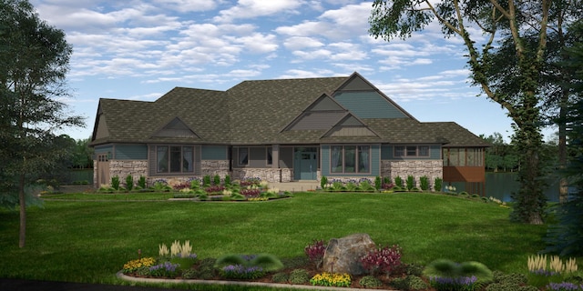 view of front facade with stone siding, a front yard, and fence