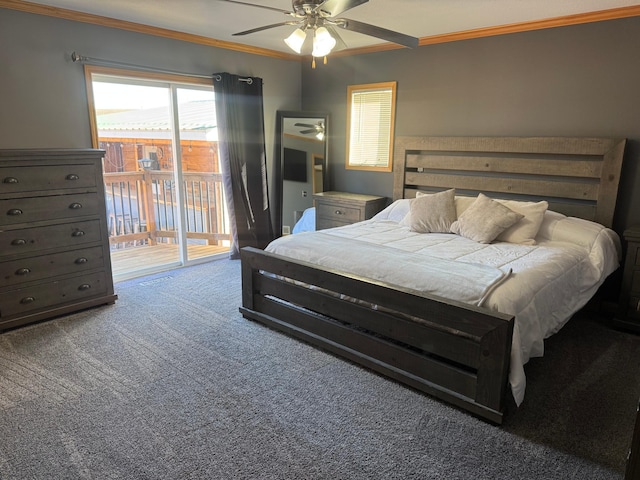 carpeted bedroom featuring access to exterior, ceiling fan, and ornamental molding