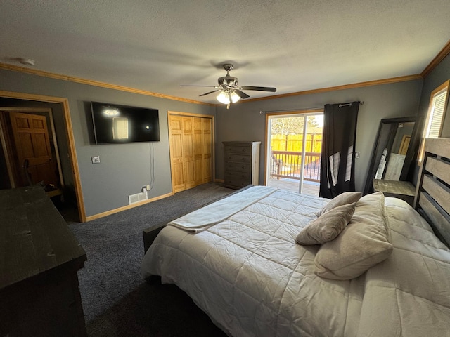 bedroom with carpet floors, visible vents, ornamental molding, access to outside, and baseboards