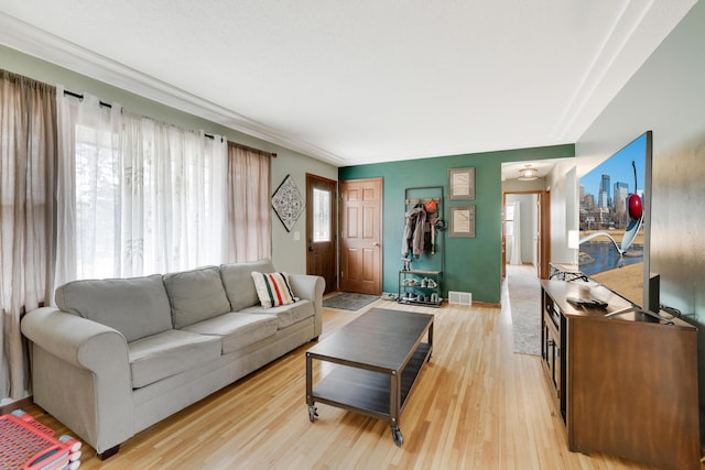 living area with light wood-style flooring and visible vents