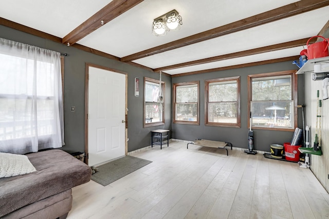 interior space with beam ceiling and wood finished floors