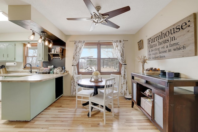 kitchen featuring light wood-type flooring, a textured ceiling, light countertops, and green cabinetry