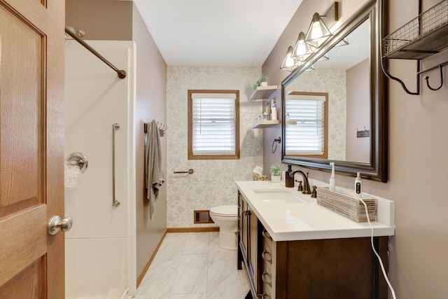 full bath featuring visible vents, toilet, vanity, baseboards, and wallpapered walls