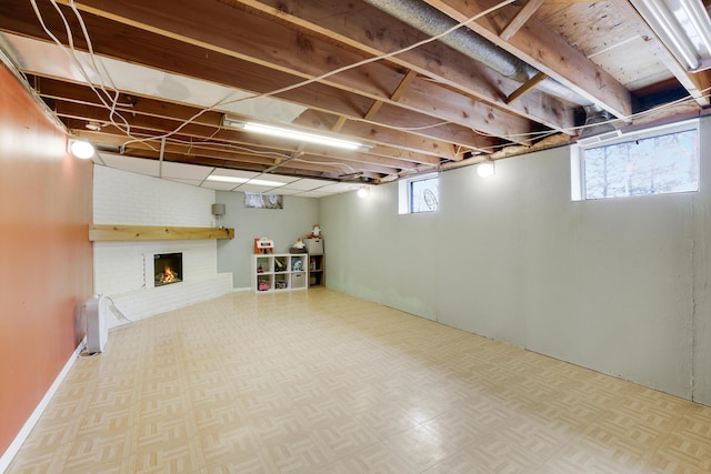 basement featuring a fireplace