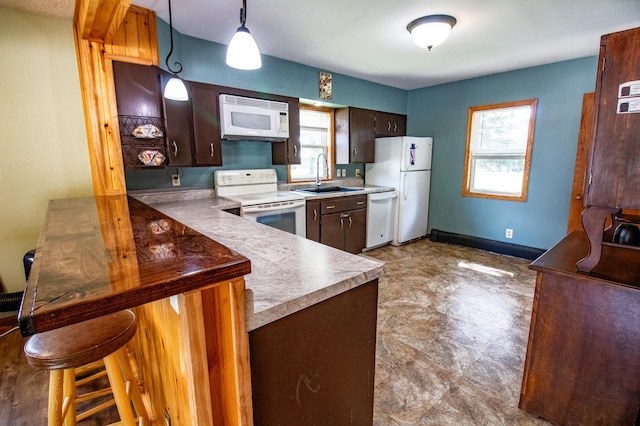 kitchen featuring dark brown cabinetry, white appliances, a sink, a wealth of natural light, and decorative light fixtures