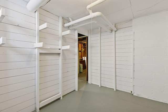 unfinished basement featuring concrete block wall and wood walls