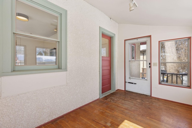 empty room with lofted ceiling, hardwood / wood-style flooring, and track lighting