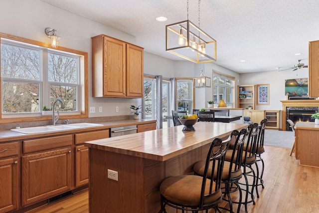 kitchen featuring light wood finished floors, wooden counters, dishwasher, a glass covered fireplace, and a sink