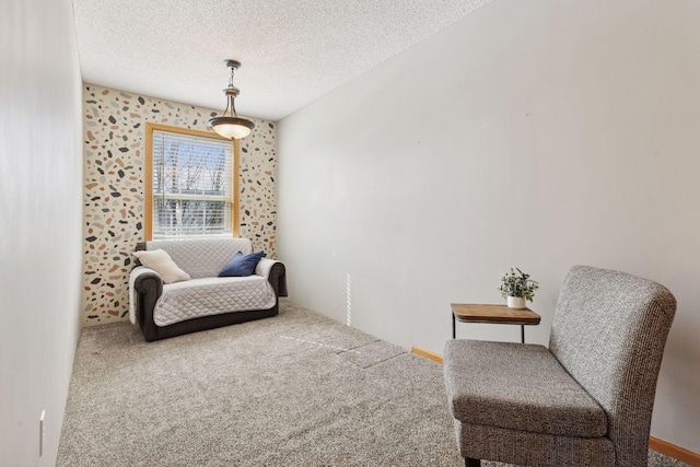 sitting room with carpet floors and a textured ceiling