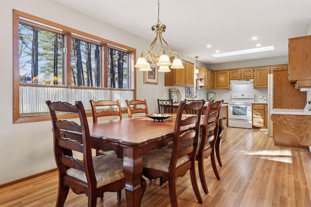 dining area with light wood finished floors, baseboards, and recessed lighting