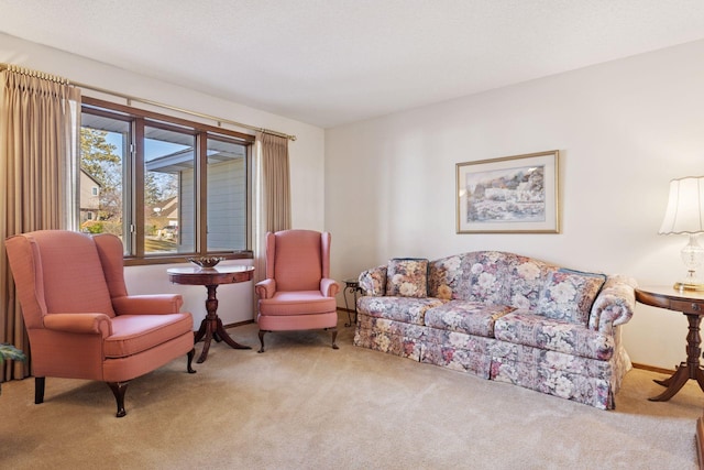 living area with carpet flooring and baseboards