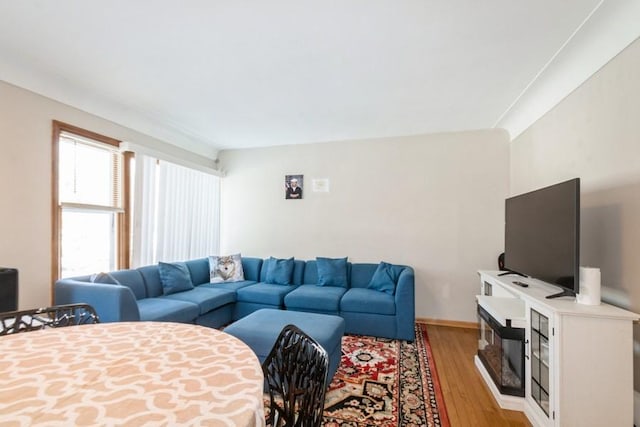 living room with light wood finished floors and baseboards