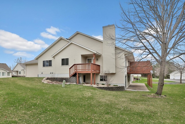 13413 Pine View Pl, Lindstrom, MN 55045 - back of house with a lawn, a deck, and a chimney