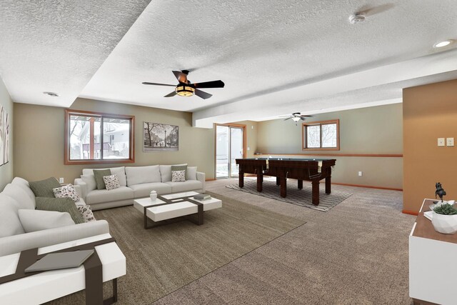 13413 Pine View Pl, Lindstrom, MN 55045 - living room featuring a textured ceiling, a ceiling fan, carpet, billiards table, and baseboards