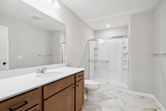 bathroom with marble finish floor, visible vents, toilet, a stall shower, and vanity