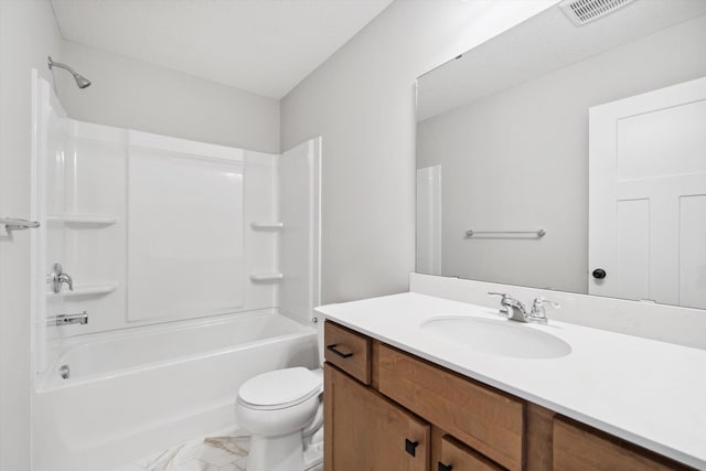 full bathroom with marble finish floor, visible vents, toilet, tub / shower combination, and vanity