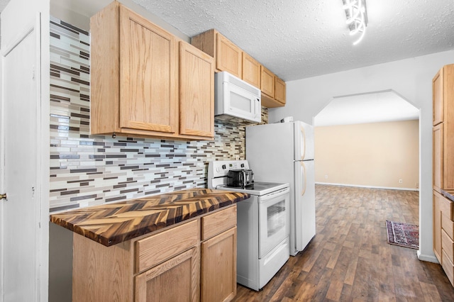 kitchen with light brown cabinets, wooden counters, white appliances, and backsplash