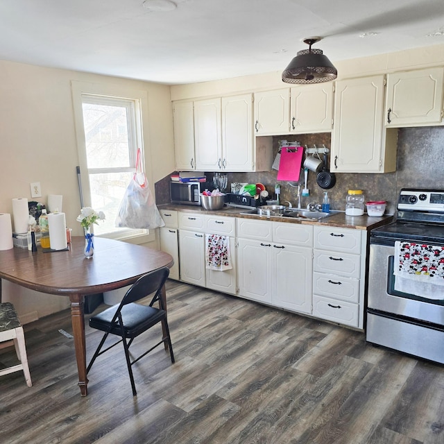 kitchen with dark wood-style flooring, stainless steel appliances, dark countertops, decorative backsplash, and a sink