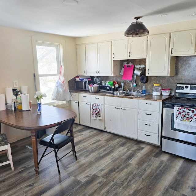 kitchen with dark wood-type flooring, a sink, appliances with stainless steel finishes, decorative backsplash, and dark countertops