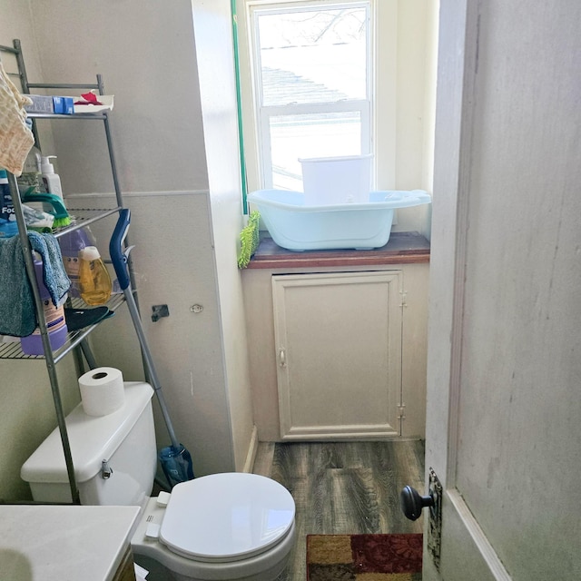 half bathroom featuring toilet, wood finished floors, and vanity